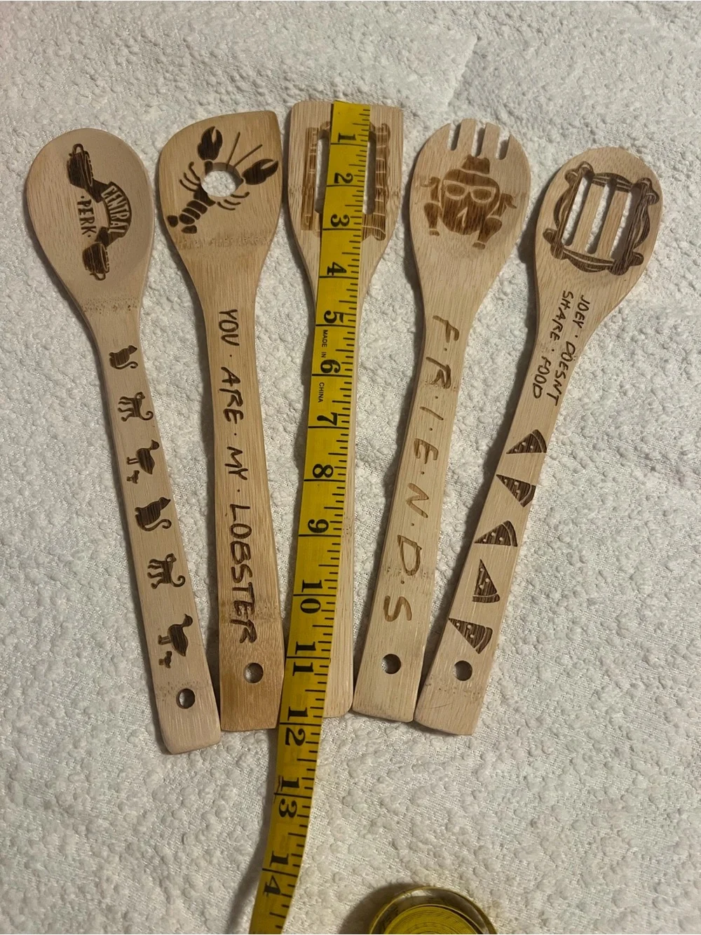 Set of 5 Engraved Bamboo Wooden Spoons with Friends Theme